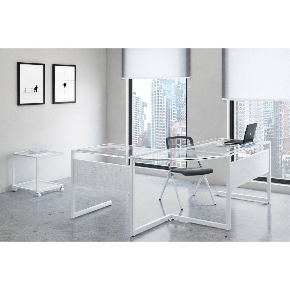 78" Clear and White Glass and Metal Corner Computer Desk