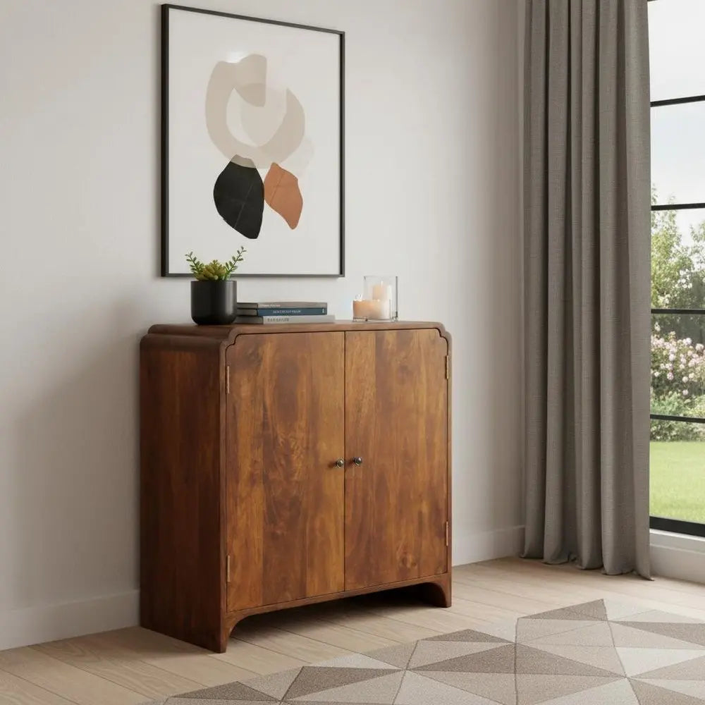 32" Chestnut Solid Wood Scallop Edge Accent Cabinet With Two Doors - NOVA HOME FURNITURE