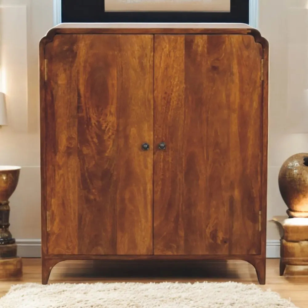 32" Chestnut Solid Wood Scallop Edge Accent Cabinet With Two Doors - NOVA HOME FURNITURE