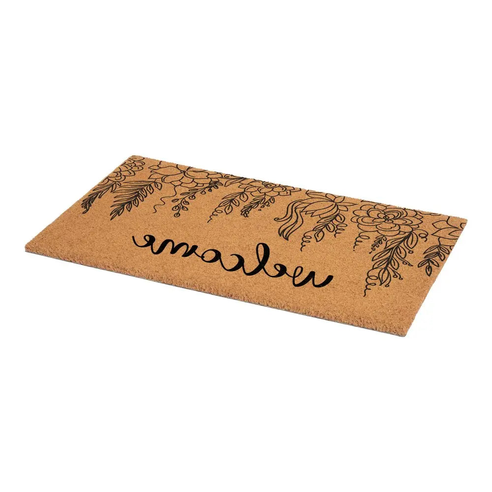 17" X 29" Brown And Natural Floral Welcome Outdoor Coir Door Mat HomeRoots