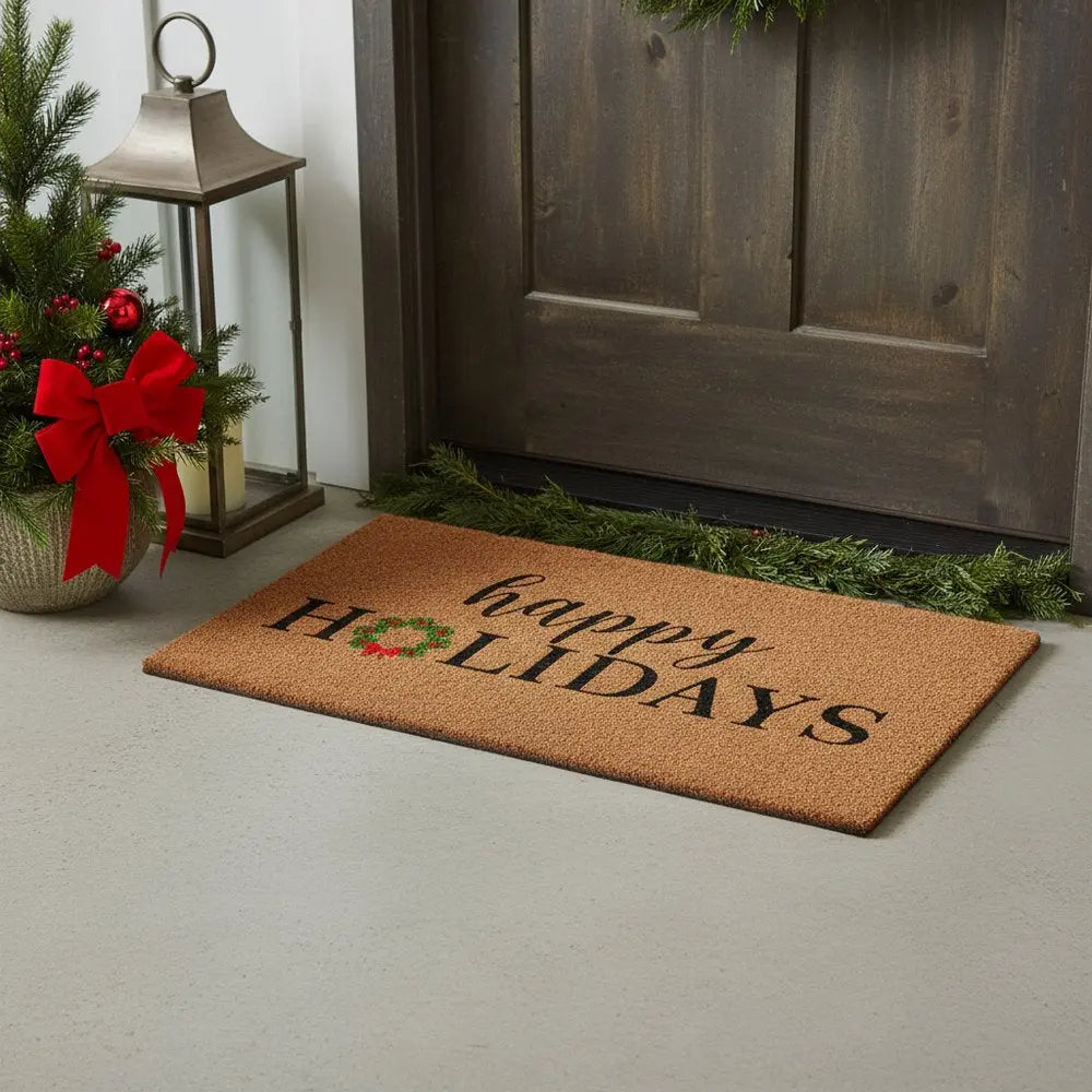 17" X 29" Brown Black And Green Christmas Happy Holidays Outdoor Coir Door Mat HomeRoots