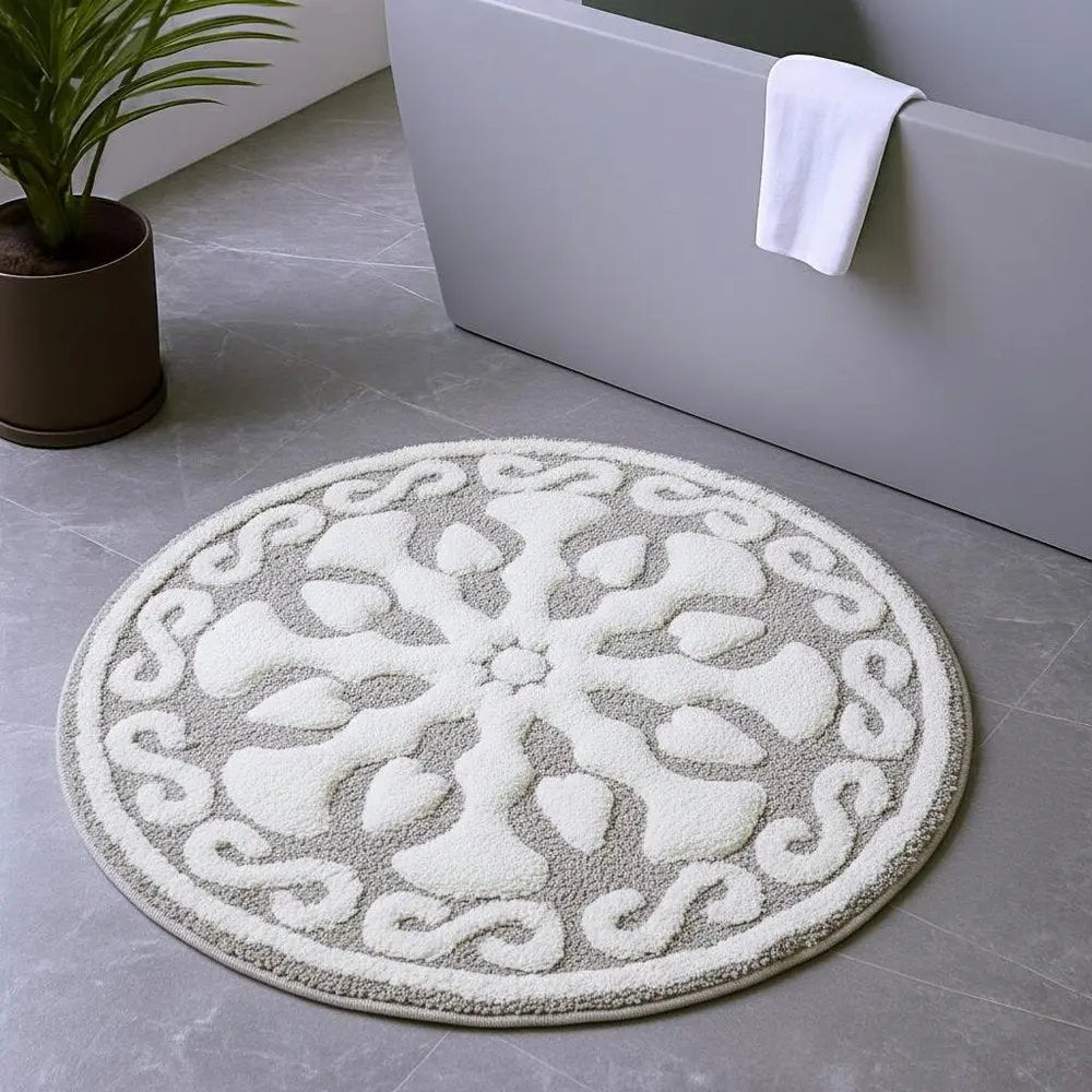 25" Taupe And White Cotton Round Medallion Bath Rug HomeRoots