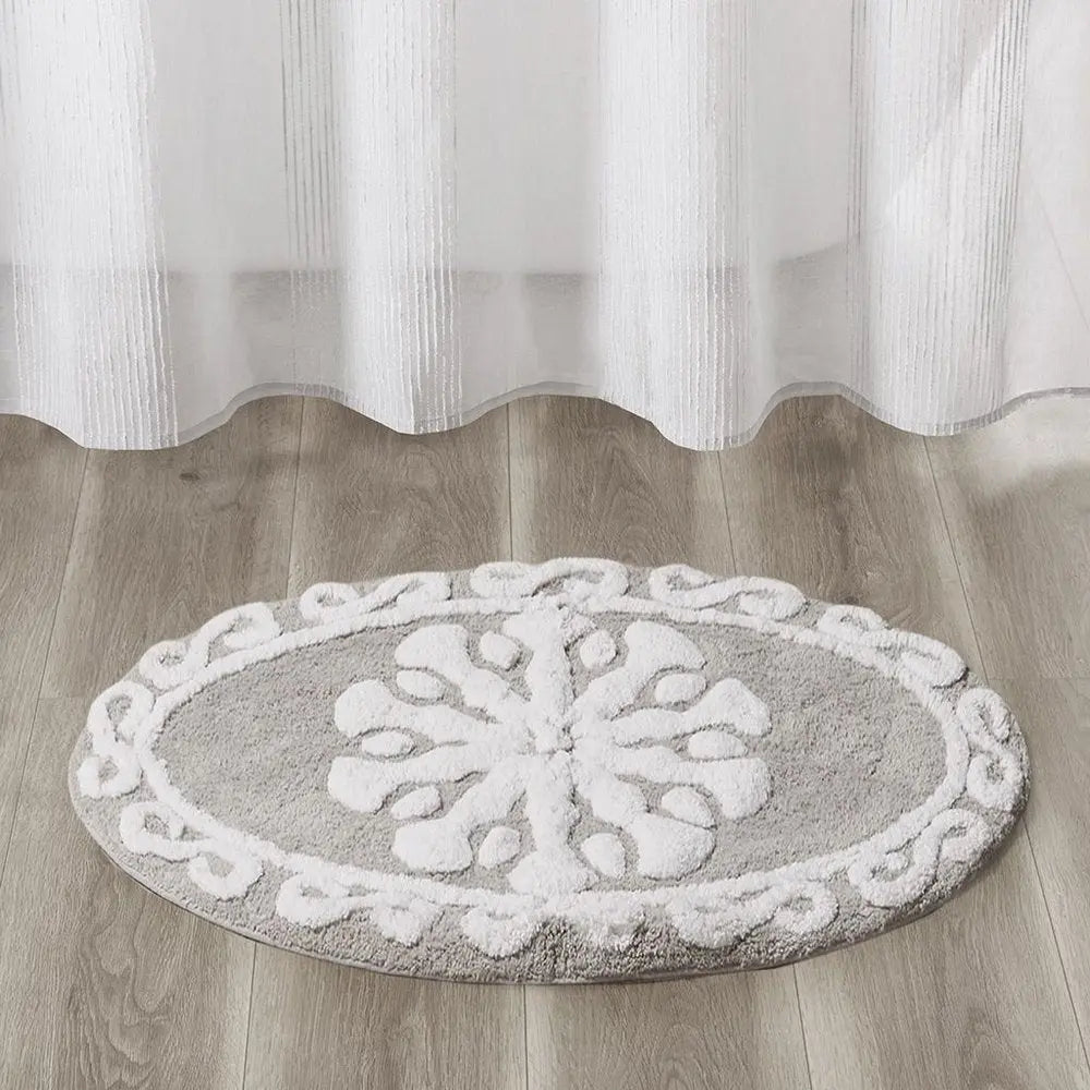 25" Taupe And White Cotton Round Medallion Bath Rug HomeRoots