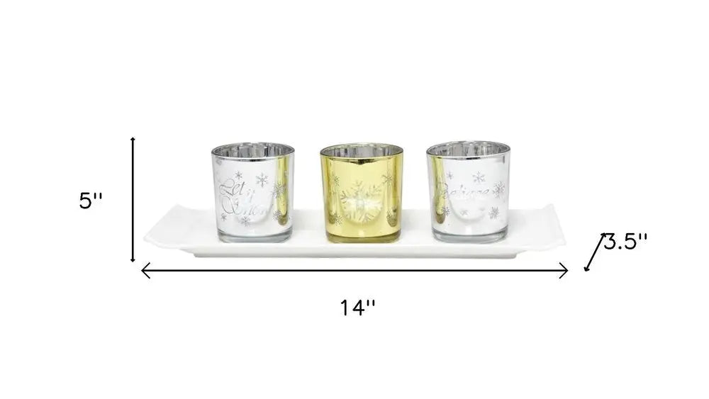 Set of Four Silver Gold And White Snowflake Glass Christmas Tabletop Candle Holders HomeRoots