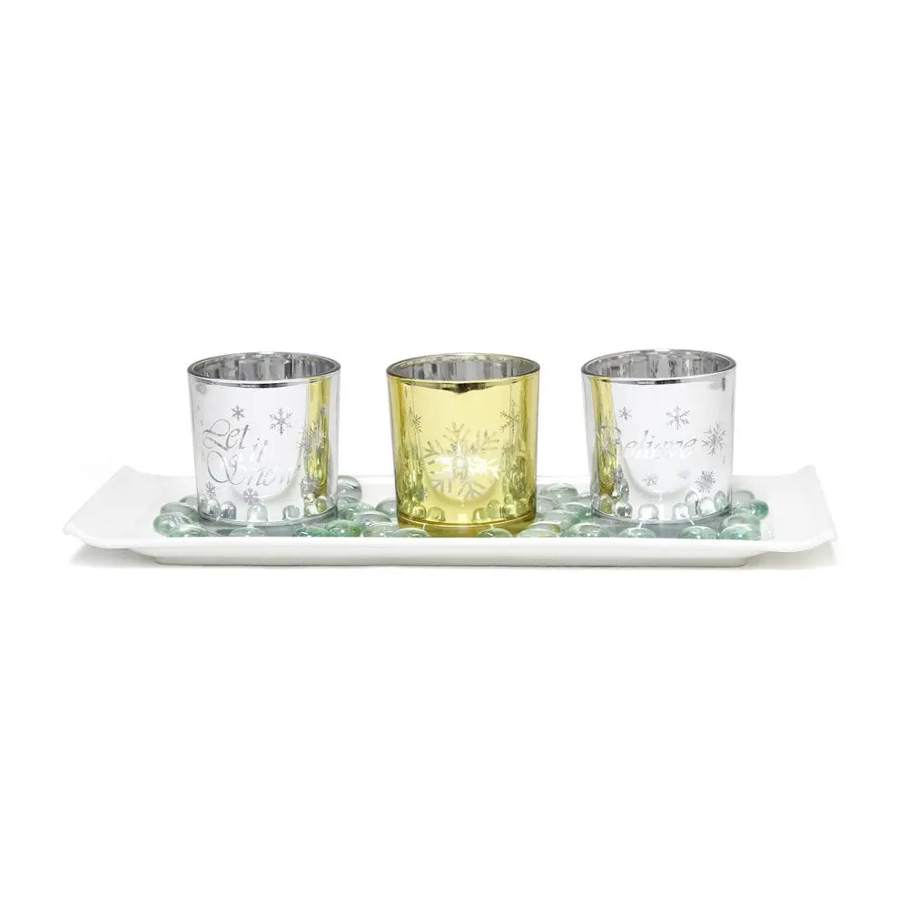 Set of Four Silver Gold And White Snowflake Glass Christmas Tabletop Candle Holders HomeRoots