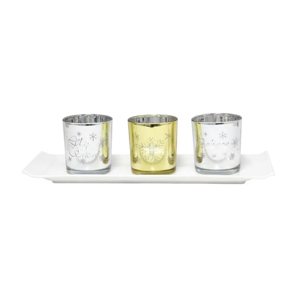 Set of Four Silver Gold And White Snowflake Glass Christmas Tabletop Candle Holders HomeRoots