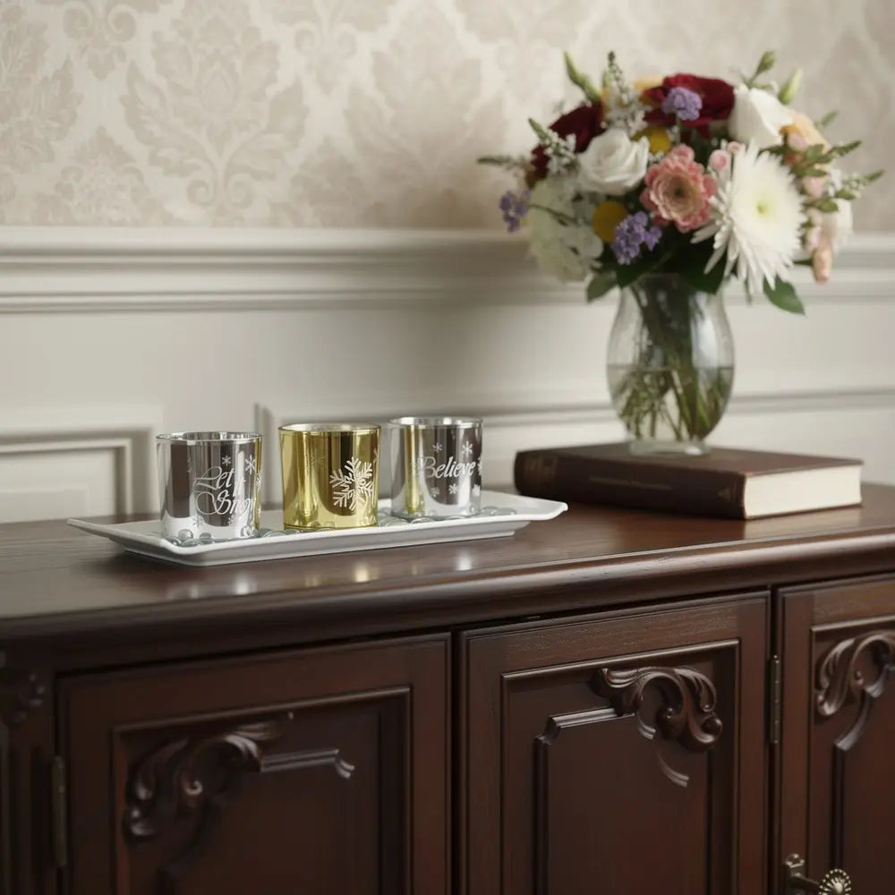 Set of Four Silver Gold And White Snowflake Glass Christmas Tabletop Candle Holders HomeRoots