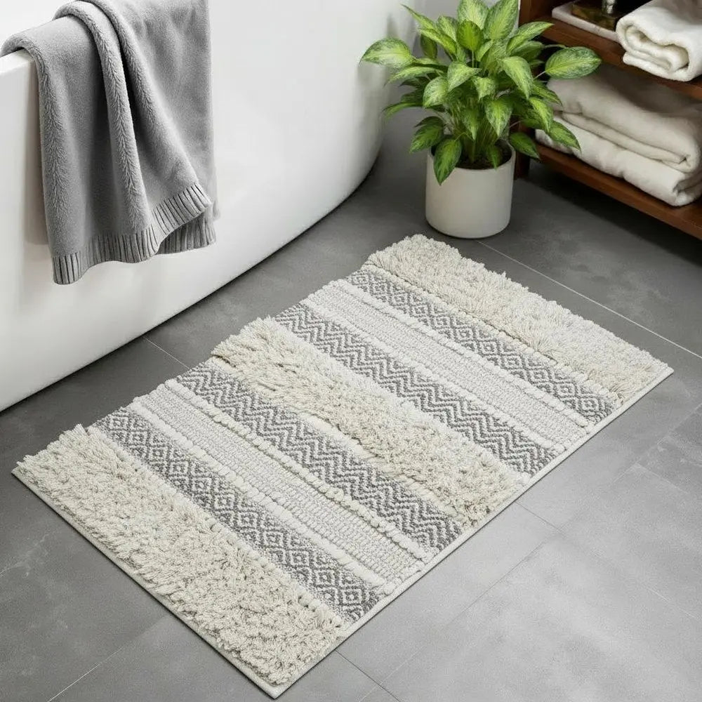 32" Ivory And Gray Cotton Striped Bath Rug HomeRoots