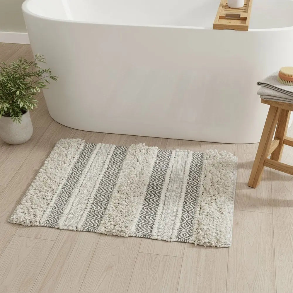 32" Ivory And Gray Cotton Striped Bath Rug HomeRoots