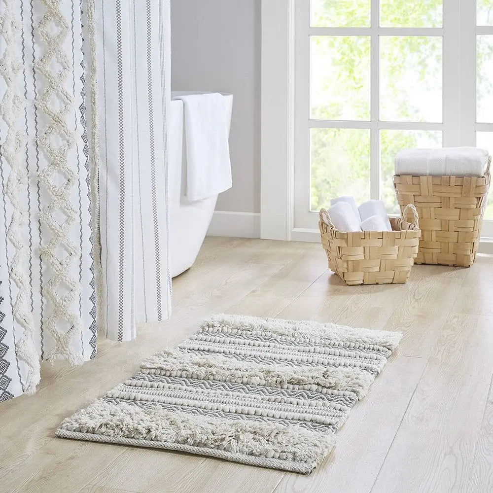 32" Ivory And Gray Cotton Striped Bath Rug HomeRoots