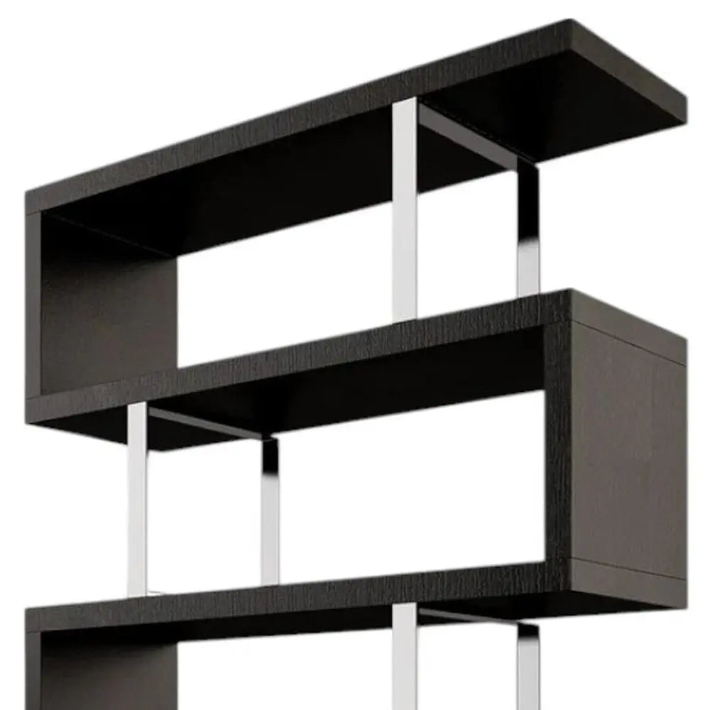 67" Black And Silver Metal and Wood Three Tier Etagere Bookcase - NOBLE HOME INTERIORS
