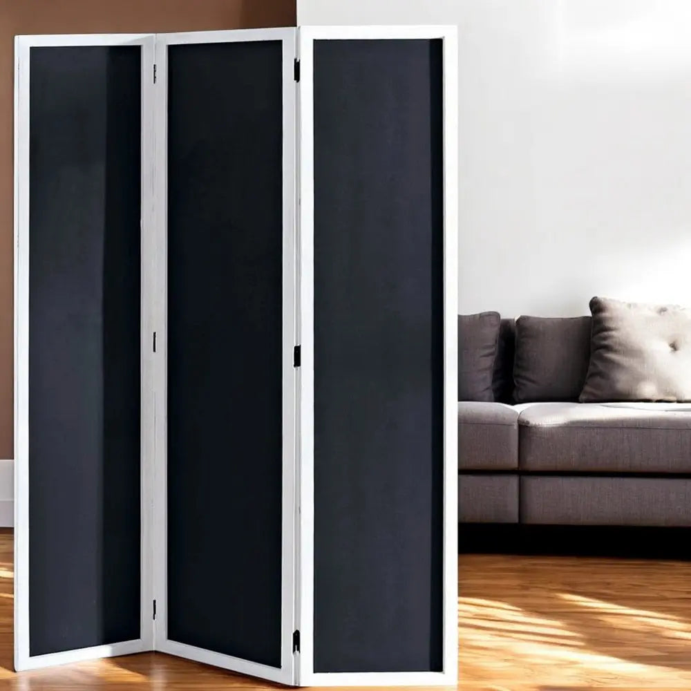 67" Black and White Chalkboard Wood Folding Three Panel Screen Room Divider - NOBLE HOME INTERIORS