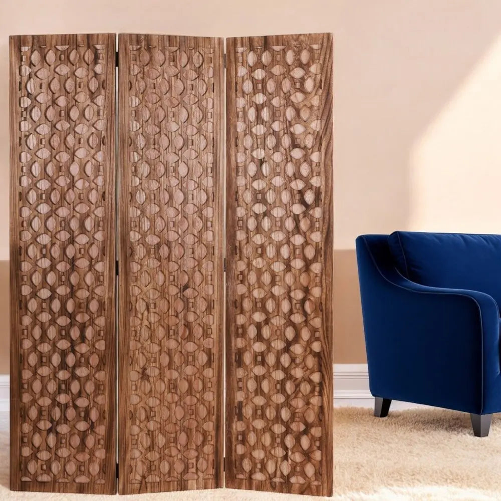 67" Brown Folding Three Panel Screen Room Divider - NOBLE HOME INTERIORS