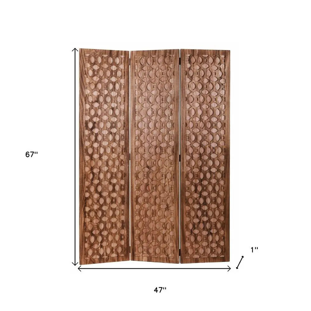 67" Brown Folding Three Panel Screen Room Divider - NOBLE HOME INTERIORS