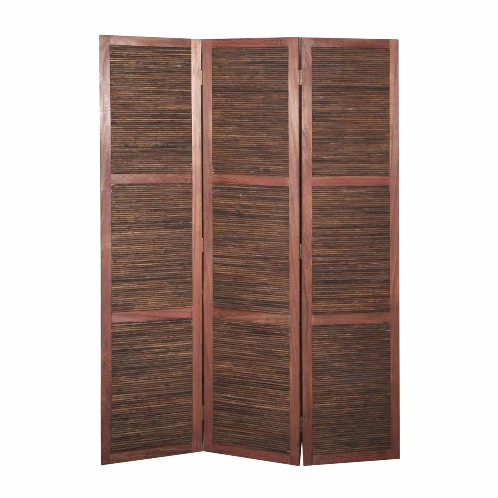 67" Brown Solid and Manufactured Wood Folding Three Panel Screen Room Divider - NOBLE HOME INTERIORS