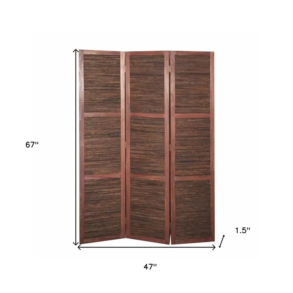 67" Brown Solid and Manufactured Wood Folding Three Panel Screen Room Divider - NOBLE HOME INTERIORS