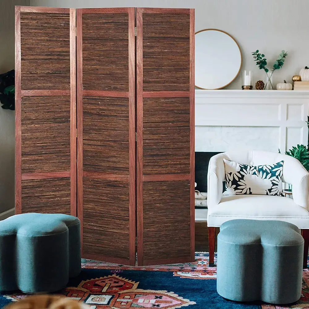 67" Brown Solid and Manufactured Wood Folding Three Panel Screen Room Divider - NOBLE HOME INTERIORS