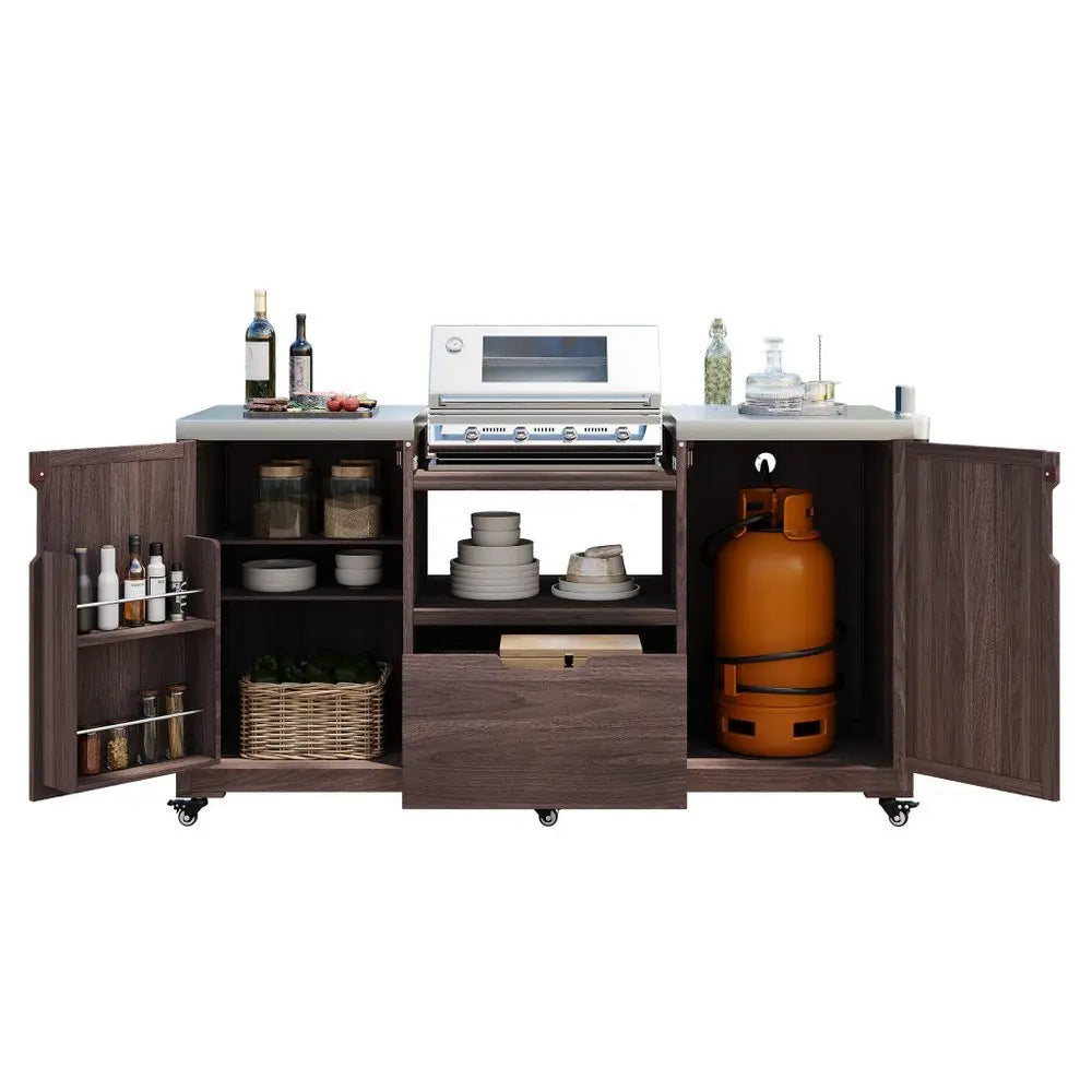 67" Brown Wood Barn Door Rolling Kitchen Island With Storage - NOVA HOME FURNITURE