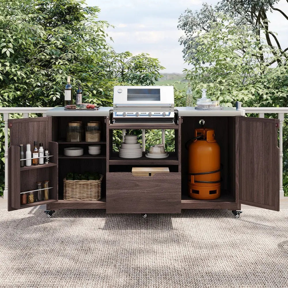 67" Brown Wood Barn Door Rolling Kitchen Island With Storage - NOVA HOME FURNITURE