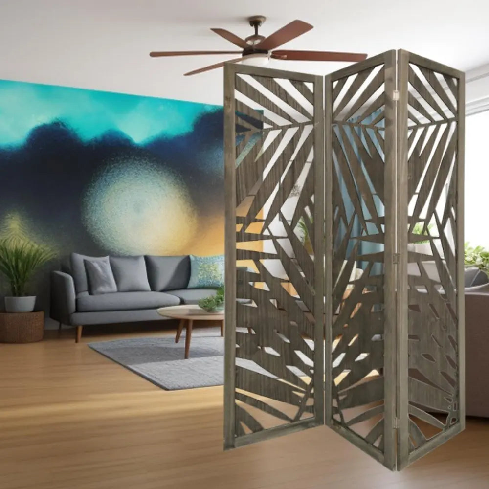 67" Gray Solid WoodFolding Three Panel Screen Room Divider - NOBLE HOME INTERIORS