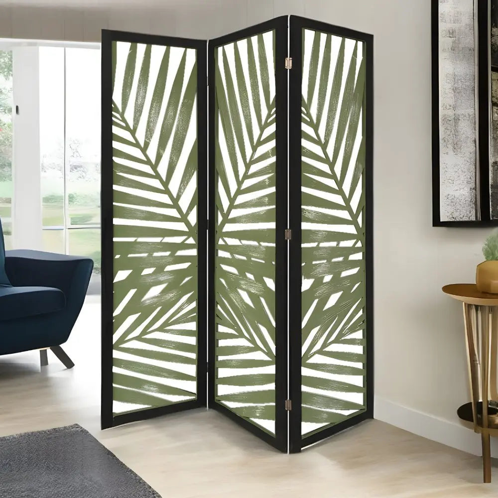 67" Green Solid WoodFolding Three Panel Screen Room Divider - NOBLE HOME INTERIORS