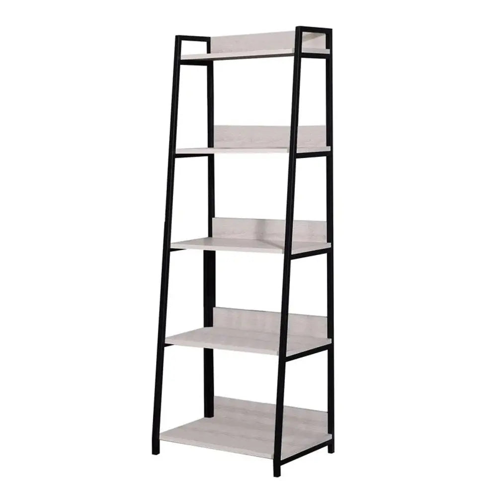 67" Natural and Black Metal Five Tier Ladder Bookcase - NOBLE HOME INTERIORS