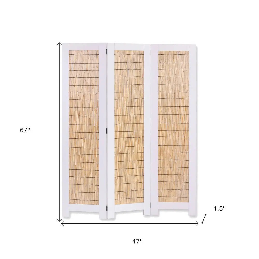 67" White and Natural Manufactured Wood Folding Three Panel Screen Room Divider - NOBLE HOME INTERIORS