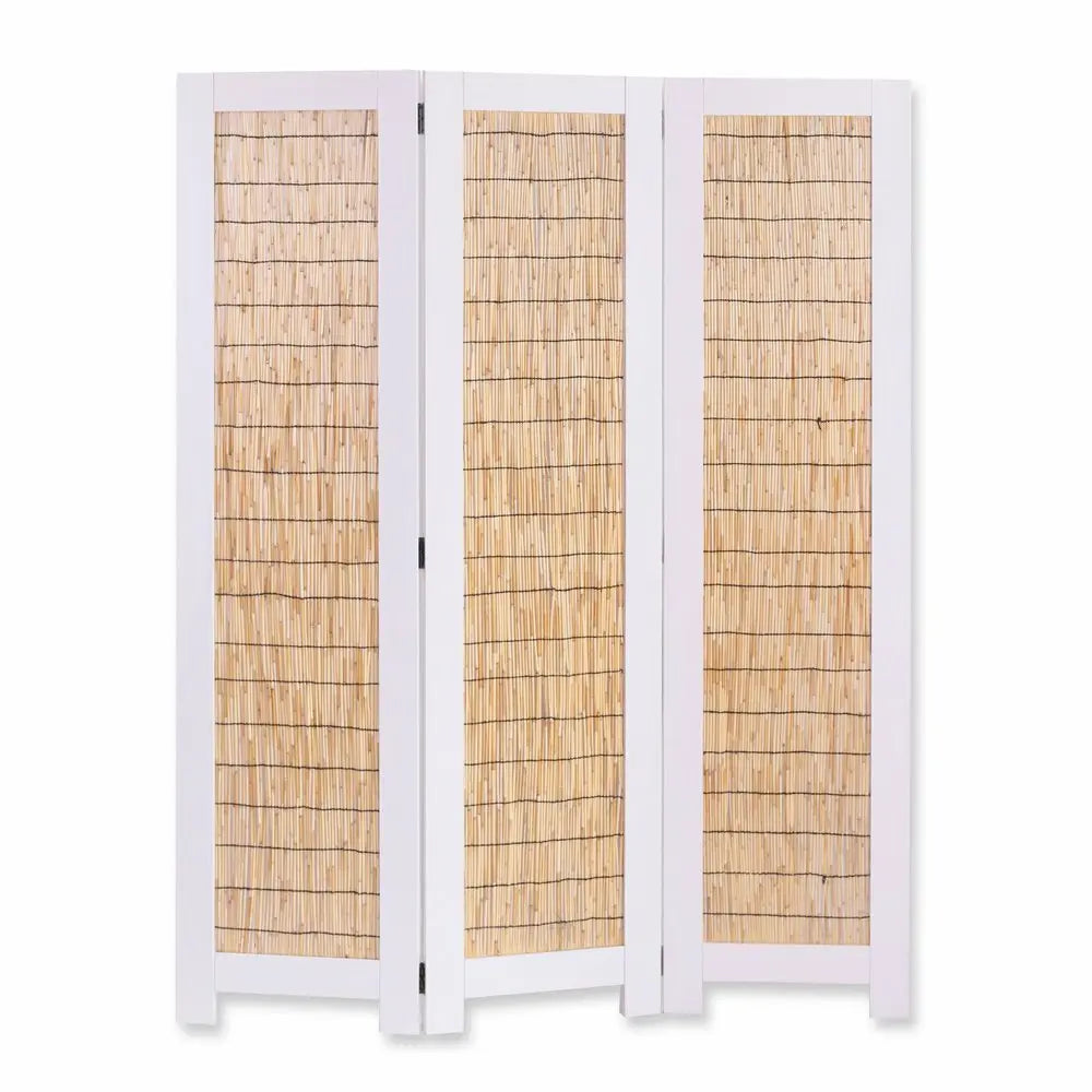 67" White and Natural Manufactured Wood Folding Three Panel Screen Room Divider - NOBLE HOME INTERIORS