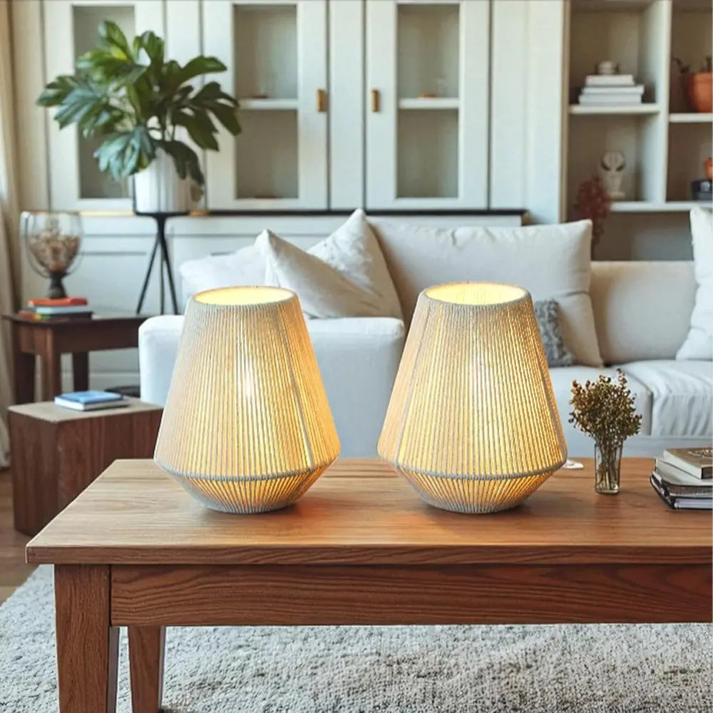 7" Beige Battery Operated Geometric String Shade Desk Lamp HomeRoots