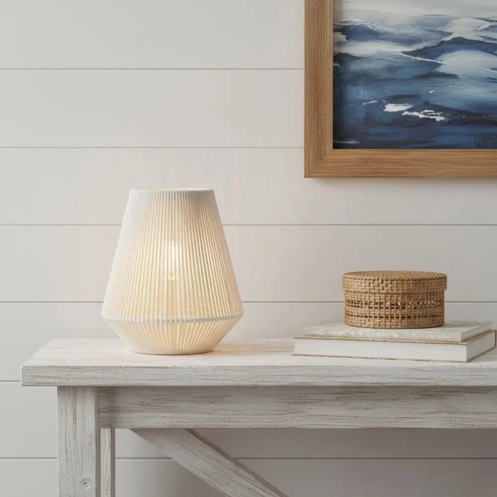 7" Beige Battery Operated Geometric String Shade Desk Lamp HomeRoots