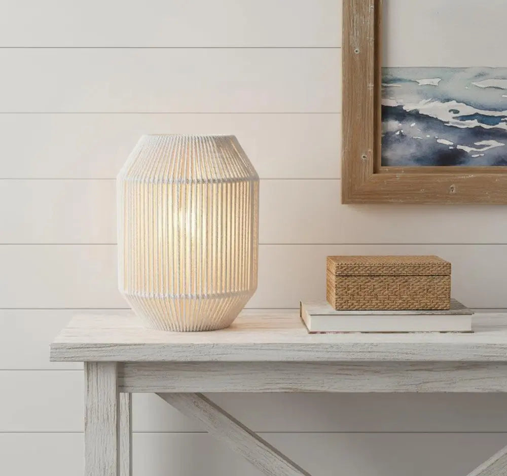 7" Beige Battery Operated Geometric Desk Lamp With Novelty Shade HomeRoots