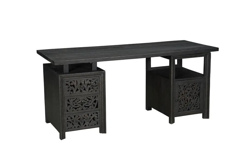 68" Black Carved Floral Scroll Solid Wood Computer Desk With Three Drawers - NOBLE HOME INTERIORS