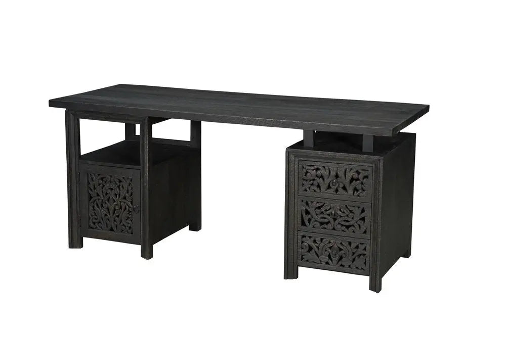 68" Black Carved Floral Scroll Solid Wood Computer Desk With Three Drawers - NOBLE HOME INTERIORS
