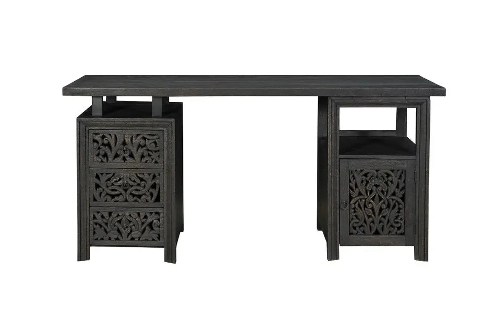 68" Black Solid Wood and Metal Carved Floral Desk With Three Drawers - NOBLE HOME INTERIORS