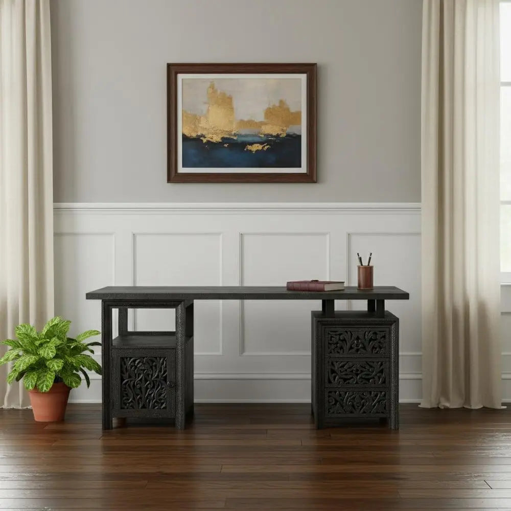 68" Black Solid Wood and Metal Carved Floral Desk With Three Drawers - NOBLE HOME INTERIORS