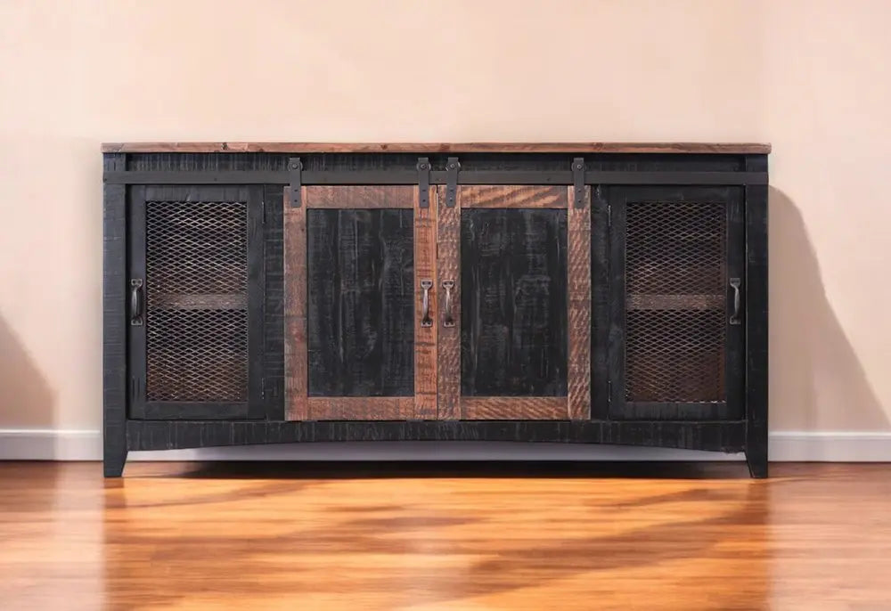 68" Black Solid Wood Cabinet Enclosed Storage Distressed TV Stand - NOVA HOME FURNITURE
