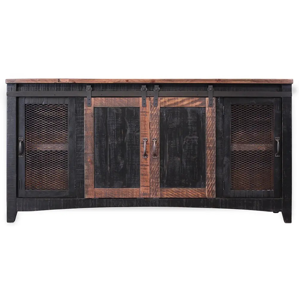 68" Black Solid Wood Cabinet Enclosed Storage Distressed TV Stand - NOVA HOME FURNITURE