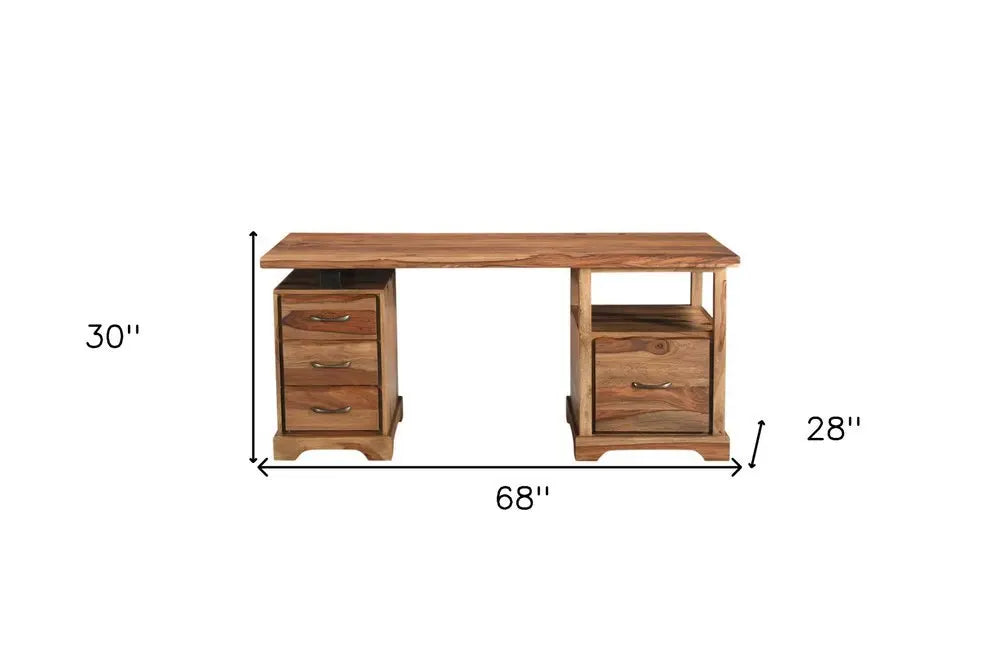 68" Brown Live Edge Solid Wood Writing Desk With Four Drawers - NOBLE HOME INTERIORS