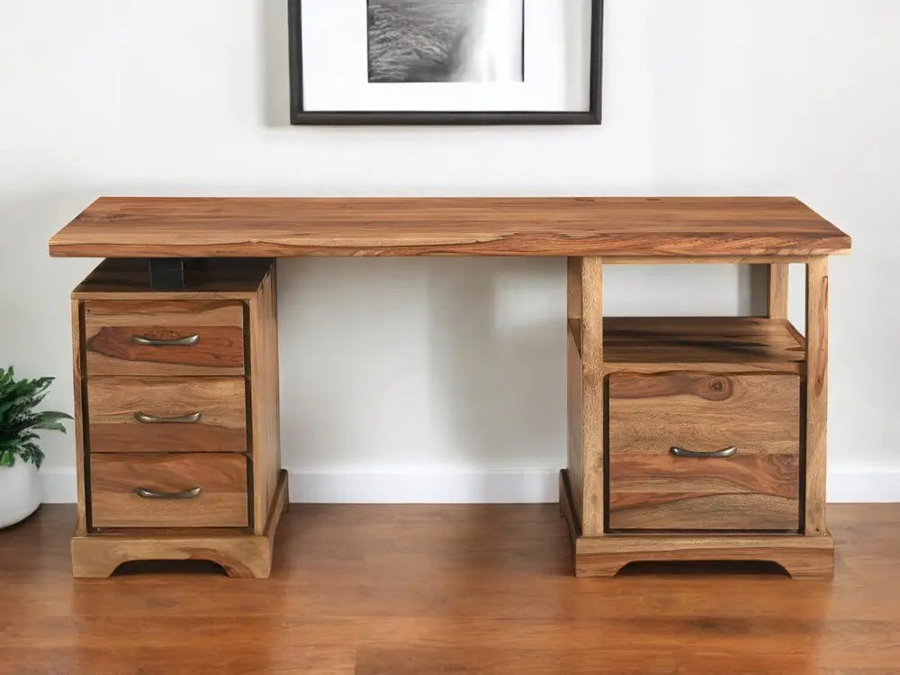 68" Brown Live Edge Solid Wood Writing Desk With Four Drawers - NOBLE HOME INTERIORS