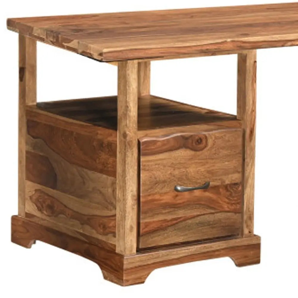 68" Brown Solid Wood Writing Desk and Bookshelf Set With Four Drawers - NOBLE HOME INTERIORS