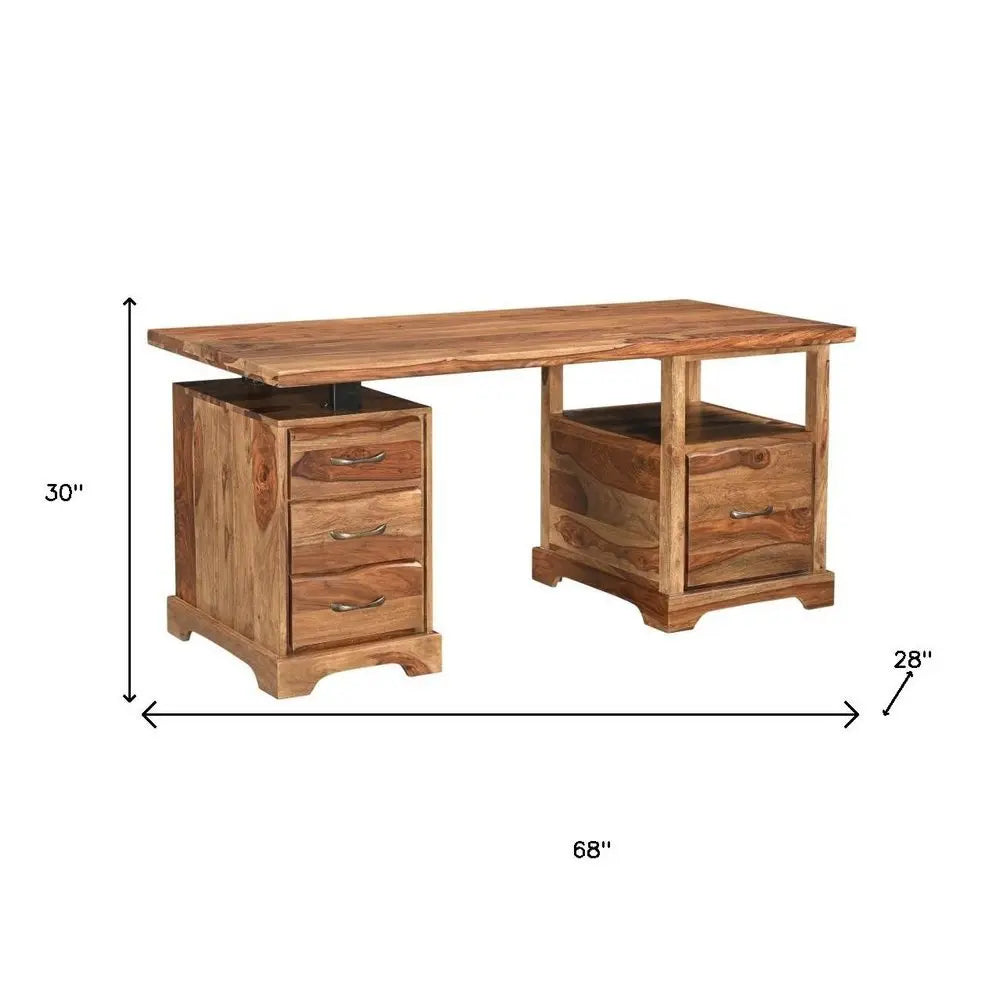 68" Brown Solid Wood Writing Desk and Bookshelf Set With Four Drawers - NOBLE HOME INTERIORS