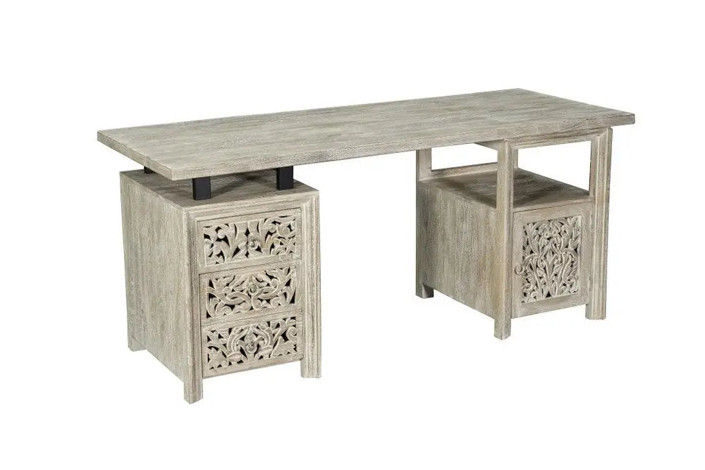 68" Gray Solid Wood Writing Desk With Three Drawers - NOBLE HOME INTERIORS