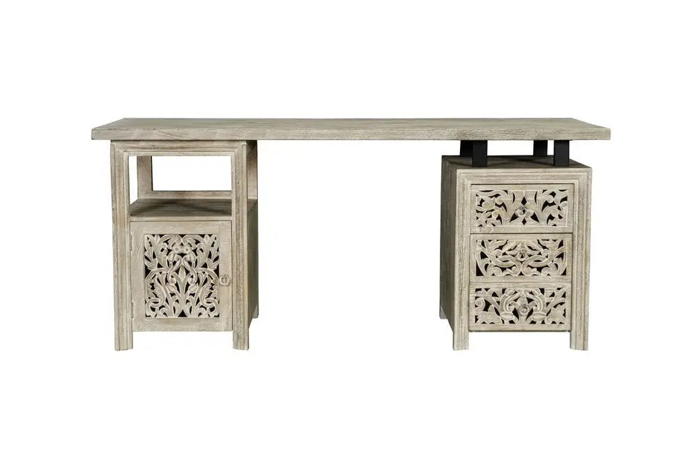 68" White Solid Wood and Metal Carved Floral Desk With Three Drawers - NOBLE HOME INTERIORS