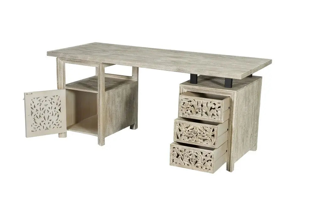 68" White Solid Wood and Metal Carved Floral Desk With Three Drawers - NOBLE HOME INTERIORS