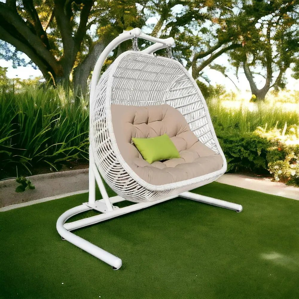 69" Beige and White Metal Indoor Outdoor Swing Chair with Beige Cushion - NOBLE HOME INTERIORS