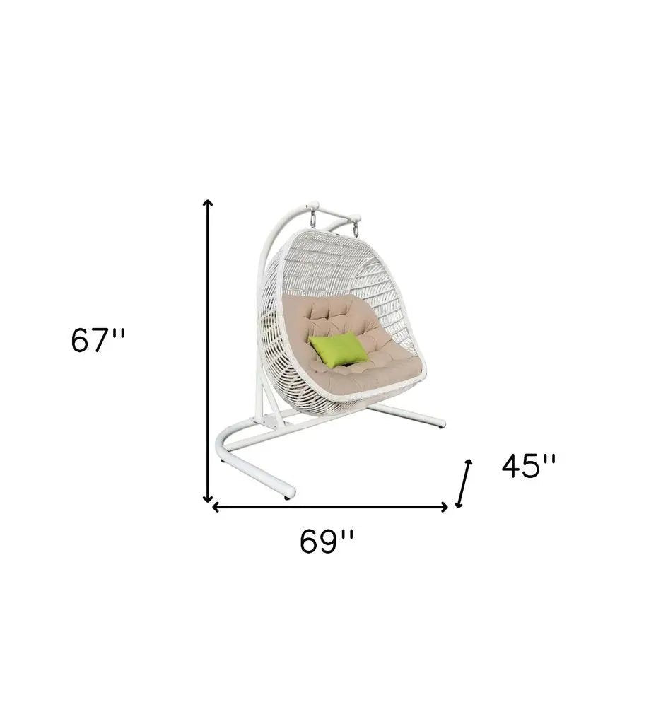 69" Beige and White Metal Indoor Outdoor Swing Chair with Beige Cushion - NOBLE HOME INTERIORS
