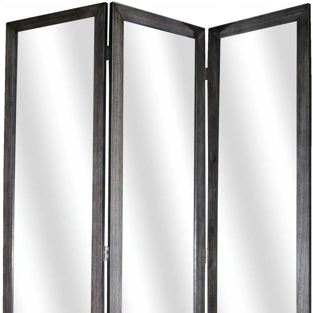 69" Black Wood and Mirrored Glass Folding Three Panel Screen Room Divider - NOBLE HOME INTERIORS