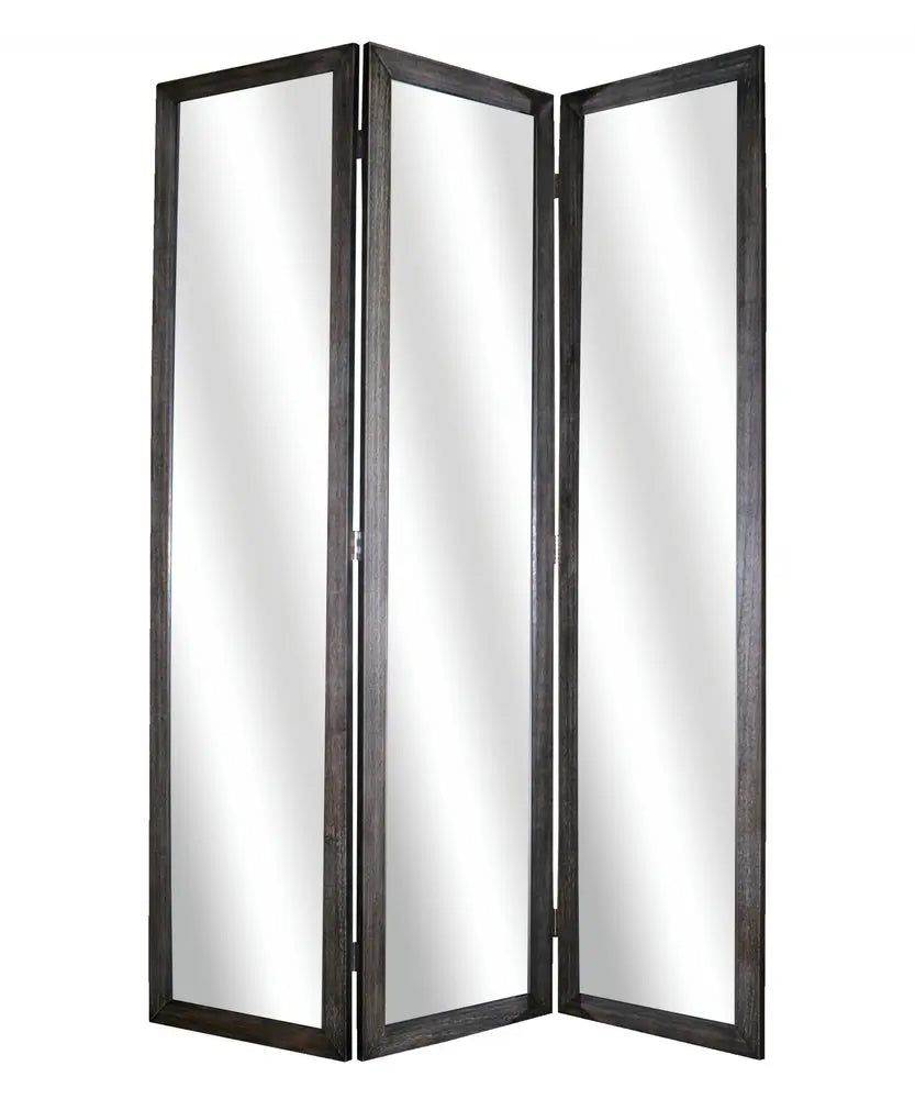 69" Black Wood and Mirrored Glass Folding Three Panel Screen Room Divider - NOBLE HOME INTERIORS