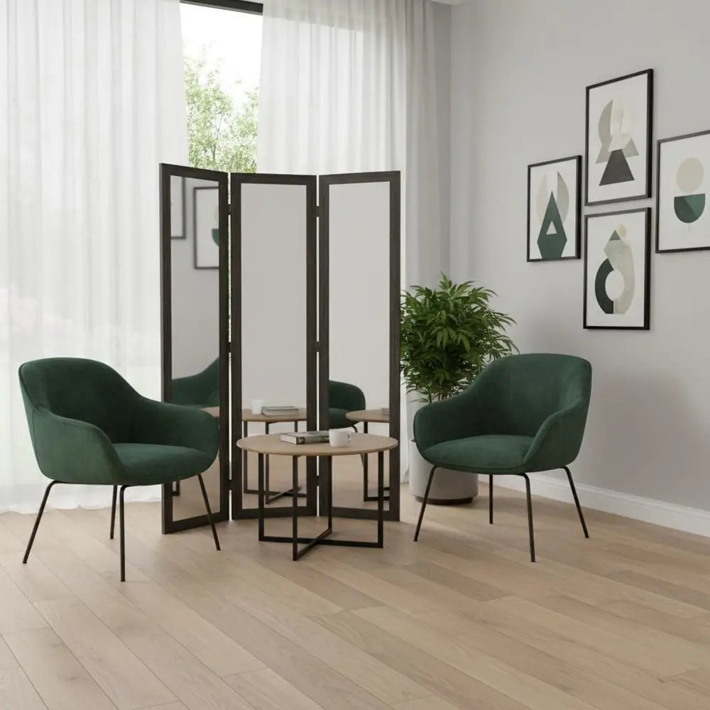 69" Black Wood and Mirrored Glass Folding Three Panel Screen Room Divider - NOBLE HOME INTERIORS