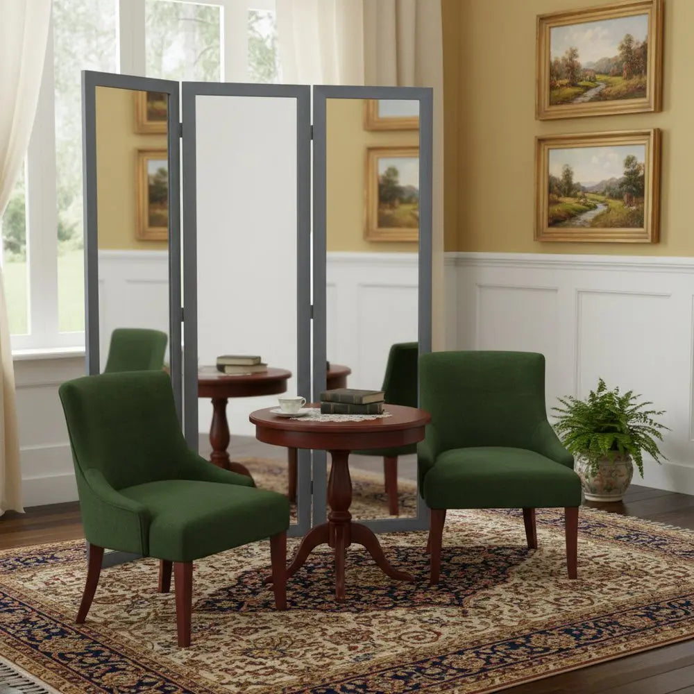 69" Black Wood and Mirrored Glass Folding Three Panel Screen Room Divider - NOBLE HOME INTERIORS